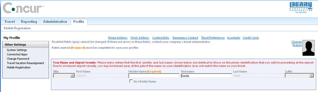Profile Pages Complete your profile when logging in for the first time before you book any travel. REQUIRED fields are marked by the [Required] icon.