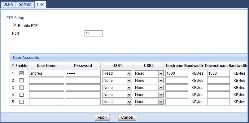 Chapter 23 USB Media Sharing Table 70 Management > USB Media Sharing > SAMBA (continued) LABEL Enable This field displays whether a user account is activated or not.