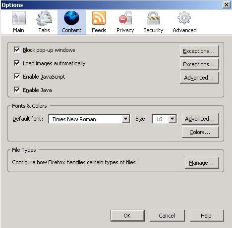 You can enable Java, Javascript and pop-ups in one screen. Click Tools, then click Options in the screen that appears.