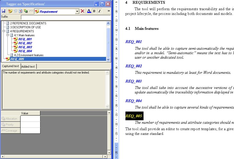 Using Tagger on Word Documents The Tagger dialog box displays the requirements with their text: In the Word document, a requirement tag has been added above the selected text.