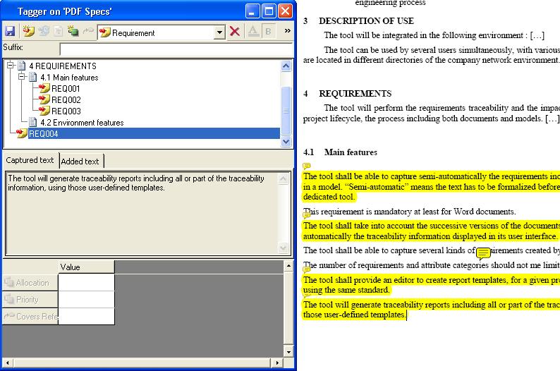 Using Tagger on PDF Documents The Tagger dialog box displays the requirements with their text: Features of the Tagger Few other features are available from the Tagger such as: Navigating Select a