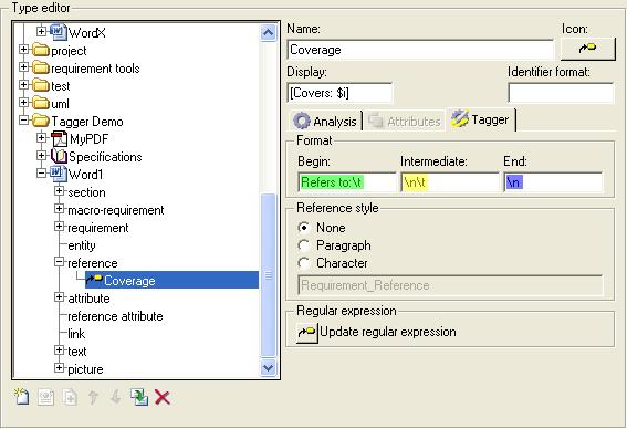 Insert References to Requirements References can be added in a document using the Tagger. In order to, at least one reference needs to be created in the used type.