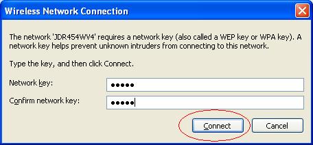 2. Enter the network key that belongs to your authentication type and key. You can later change this network key via the wireless configuration menu.