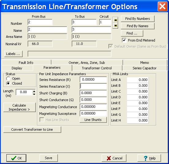 Insert the series reactance of the transformer in p.u. Insert 1000 as the MVA limit of the transmission line in Limit A. Click OK.