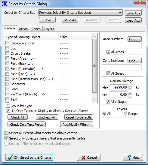 Select by Criteria Dialog Check the specific object types to select.