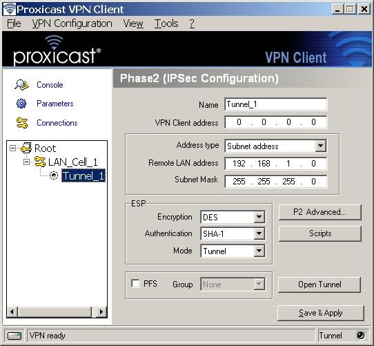 Figure 13: Opening a VPN Tunnel from the Configuration Panel You can also open a tunnel from the Windows System