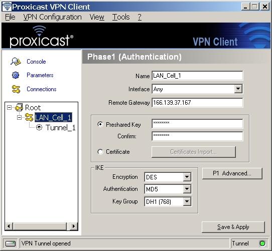 In the Proxicast IPSec VPN Client, you can review and modify the Phase 1 and Phase 2 parameters by selecting the corresponding entry in the
