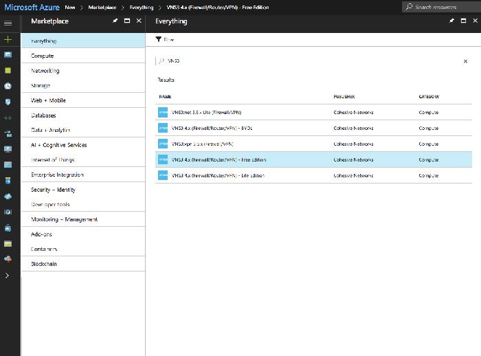 From Inside Azure Portal VNS3 Free and Lite Edition virtual machine images are available in the Azure Marketplace. To launch from the Marketplace page: VNS3 3.5 LTS - https://azure.microsoft.