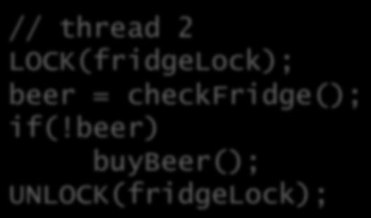 beer) buybeer(); UNLOCK(fridgeLock); This is finally! a correct program S<ll not perfect Lock might be held for quite a long <me (e.g. imagine another person wan<ng to get the milk!