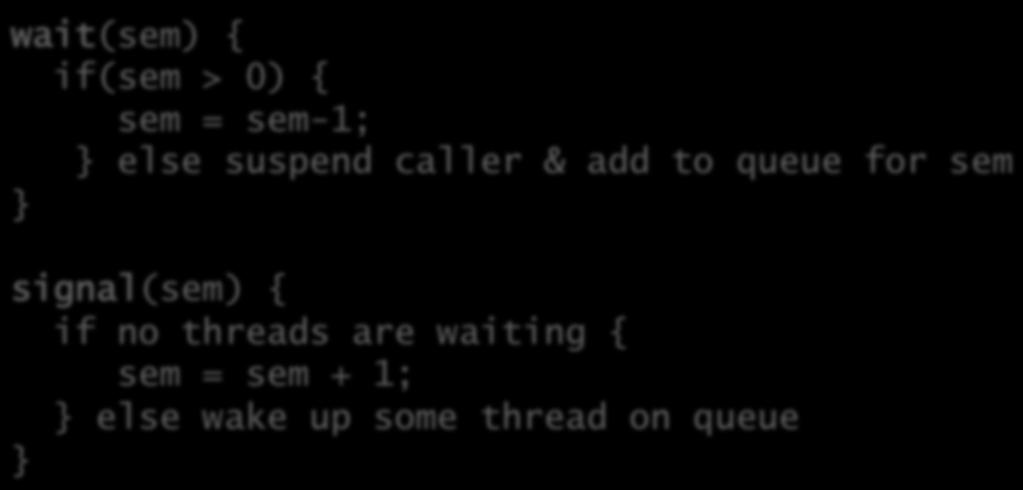 Semaphore implementa<on Implemented as an integer and a queue wait(sem) { if(sem > ) { sem = sem-1; else suspend caller & add to queue for sem signal(sem) { if no threads are waiting { sem = sem + 1;