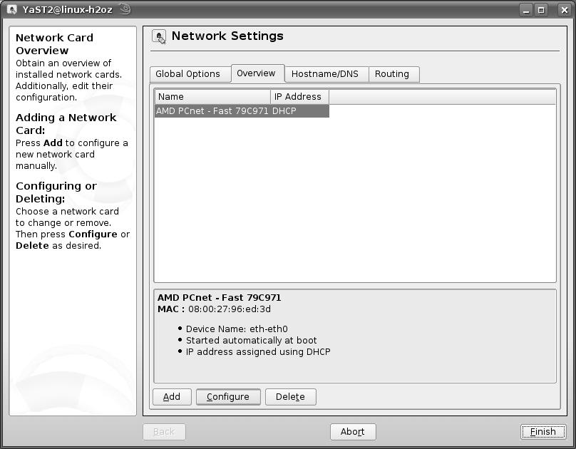 3: YaST Control Center 4 When the Network Settings window opens, click the Overview tab, select the
