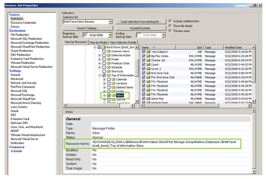 Administrators can browse through the entire Exchange database during a restore operation as shown in Figure 10. In this example, ESG Lab selected the Inbox of a simulated user. FIGURE 10.