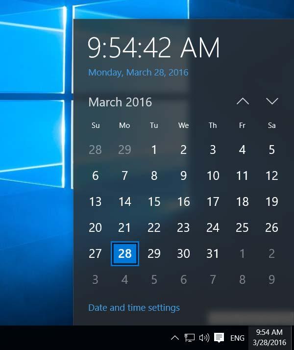 WINDOWS 10 FOUNDATION FOR BUSINESS USERS PAGE 10 Clicking on the time display will display a