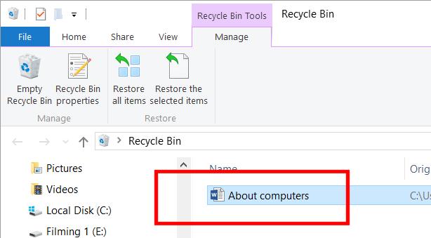 WINDOWS 10 FOUNDATION FOR BUSINESS USERS PAGE 102 To restore an item from the Recycle Bin first select it and then click on the Restore the Selected Items button.