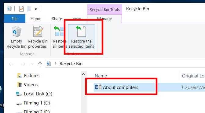 The file will no longer be displayed within the Recycle Bin. Close the Recycle Bin. You should see the file once again displayed within the File Explorer window.
