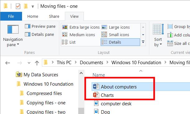 WINDOWS 10 FOUNDATION FOR BUSINESS USERS PAGE 104 Select a file called About computers. Press Ctrl+X. This cuts (i.e. moves) the selected file to the Clipboard.