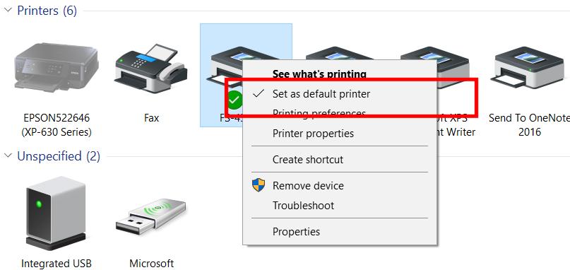 To set a different printer as the default printer, simply right click on a different printer icon and from the