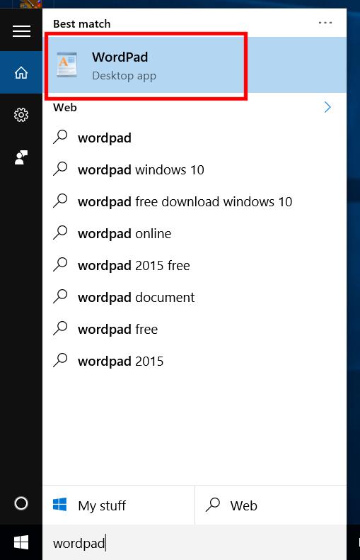 WINDOWS 10 FOUNDATION FOR BUSINESS USERS PAGE 26 Click on the WordPad Desktop app. The WordPad program will be displayed within a window on the Windows Desktop.