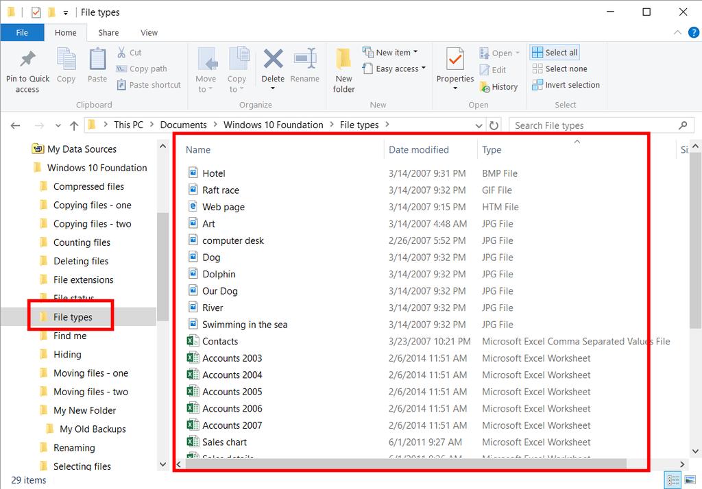 WINDOWS 10 FOUNDATION FOR BUSINESS USERS PAGE 86 Manipulating Files File Types Display the contents of the File Types folder.