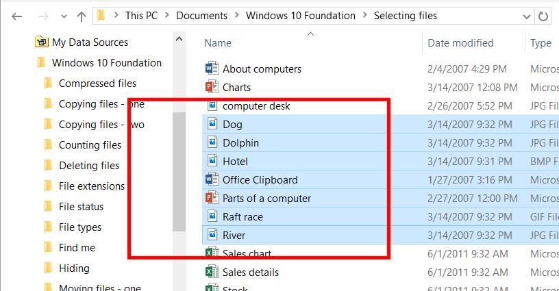 WINDOWS 10 FOUNDATION FOR BUSINESS USERS PAGE 93 Click on a different file and the multiple files are no longer selected.