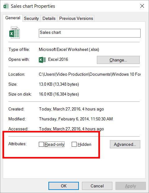 WINDOWS 10 FOUNDATION FOR BUSINESS USERS PAGE 97 In the Attributes section of the dialog box you can click on the Read-only check box.