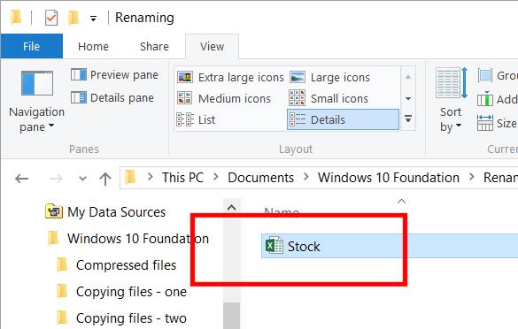 WINDOWS 10 FOUNDATION FOR BUSINESS USERS PAGE 99 Select the file called Stock. Press the F2 key and type in a new file name called Stock Levels. Press the Enter key to confirm the file renaming.