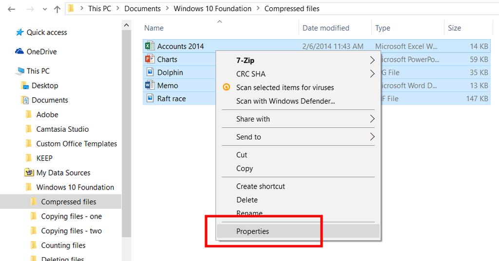 WINDOWS 10 FOUNDATION FOR BUSINESS USERS PAGE 102 This will display information about total file size for