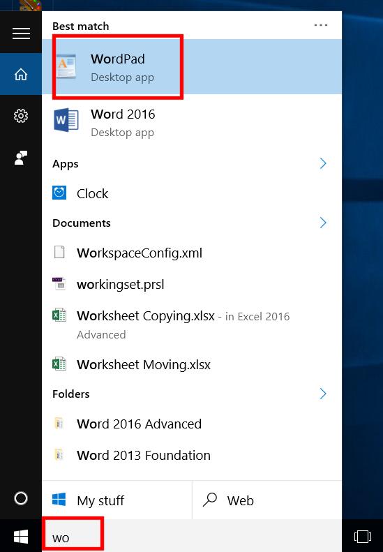 WINDOWS 10 FOUNDATION FOR BUSINESS USERS PAGE 31 As you can see the WordPad program is displayed. Click on WordPad and the program will open.