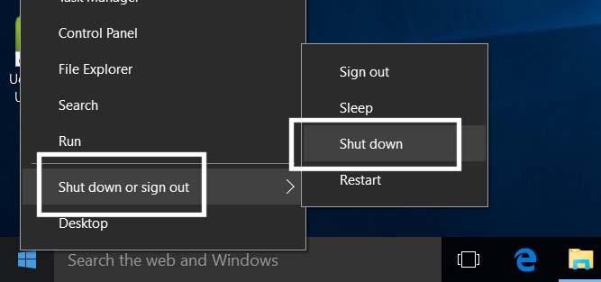WINDOWS 10 FOUNDATION FOR BUSINESS USERS PAGE 43 Shutting down the computer Right click on the Start button and from the popup menu displayed click on Shut down or Sign Out.