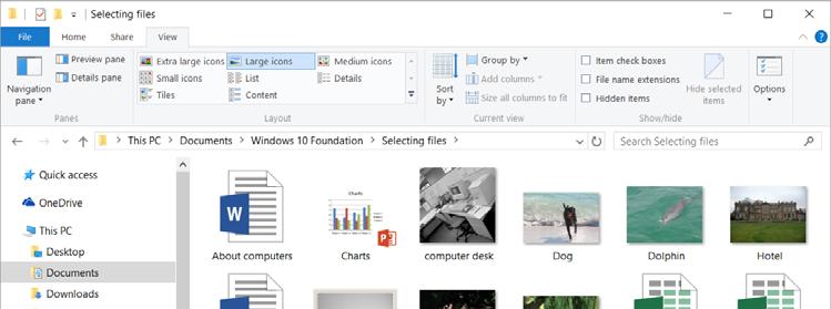 WINDOWS 10 FOUNDATION FOR BUSINESS USERS PAGE 60 This view is useful when sifting through picture or video files. Click on the List button within the Ribbon.