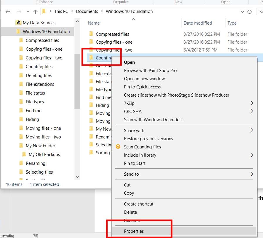 WINDOWS 10 FOUNDATION FOR BUSINESS USERS PAGE 75 Displaying folder details Move the mouse pointer over a folder called Counting Files.