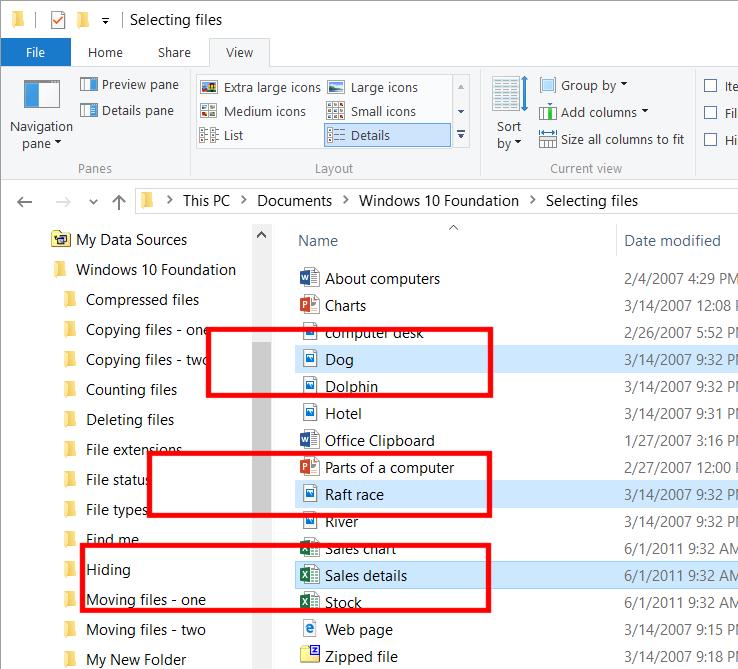 WINDOWS 10 FOUNDATION FOR BUSINESS USERS PAGE 83 Click on a different file and the multiple files are no longer selected.