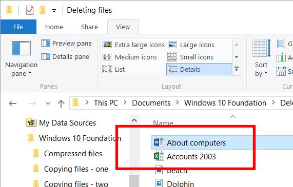 WINDOWS 10 FOUNDATION FOR BUSINESS USERS PAGE 90 Select the file called About computers. Press the Del key to delete the file. Confirm your deletion.