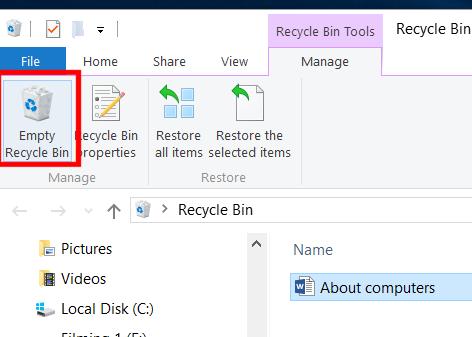 WINDOWS 10 FOUNDATION FOR BUSINESS USERS PAGE 92 Emptying the Recycle Bin Experiment with deleting more files within the Deleting files folder. Open the Recycle Bin.