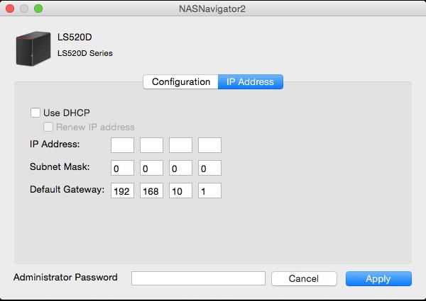Changing the IP Address 1 Click the icon in the Dock to start NAS Navigator2. 2 Hold down the control key, select your LinkStation, and choose Configure - IP Address.