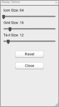 Icon Size: Toggle between icon display sizes. Grid Size: Toggle between icon grid display sizes. Text Size: Toggle between text display sizes.