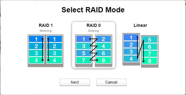 6 Select a RAID mode and click Next. 7 Click Yes. 8 RAID array creation will start. Wait until it's done. When it's finished, click OK, then Close.