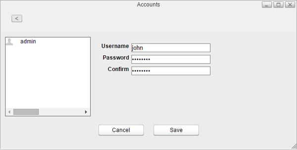 3 Enter a username and password, confirm the new password, then click Save. A new user will be added to the list.