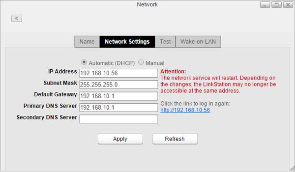 3 Select Manual, enter the desired network address settings, and click Apply. Note: The following IP addresses are reserved and should not be used.