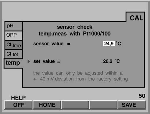 Calibration 4.5 Measured variable temperature NOTE The temperature sensors of the chlorine sensors require no calibration (this index card is not displayed for chlorine sensors).