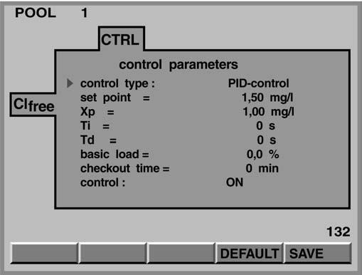 Parameter settings 5.3.3 Chlorine, free Adjustable variables Increments Remarks Control type PID controller P controller 2-pt contact see fig. 18 manual Setpoint 0.00... 3.00 mg/l Base load 0.0... 100.