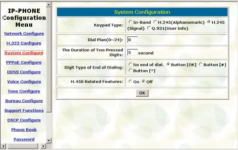3. System Configure Please refer to chapter 4.12 [sysconf] command - Keypad Type: set DTMF type. User can select DTMF type LAN Phone receive and transmit.