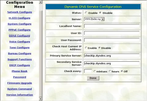 5. DDNS Configure Please refer to chapter 4.10 [ddns] command - Status: to enable/disable DDNS function - Server: to choose one DDNS server, on which user has already registered.