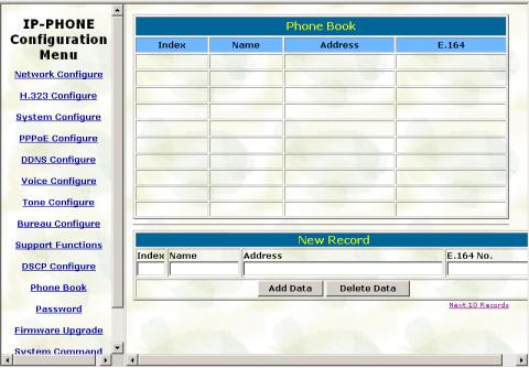 11. Phone Book Please refer to chapter 4.9 [pbook] command - Add Data: User can specify 20 sets of phone book via web interface.