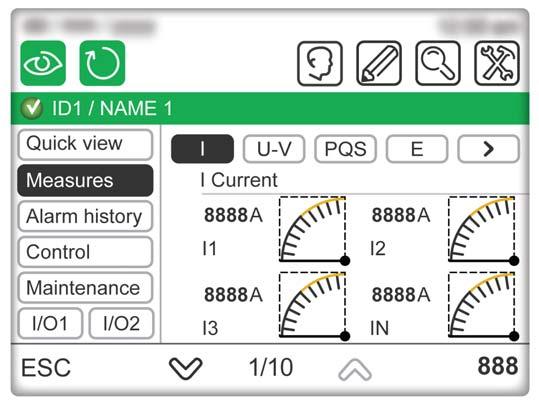 corner of the screen. Numeric Mode Bargraph Mode Dial Mode Quick View The Quick view submenu displays the status and main measures of a single circuit breaker. There is no tab in this submenu.