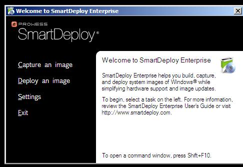 1. Using the existing PXE environment, the target computer picks up the Boot.wim file imported earlier and boots to SmartDeploy. Click on Deploy an image to start the Deploy Wizard.