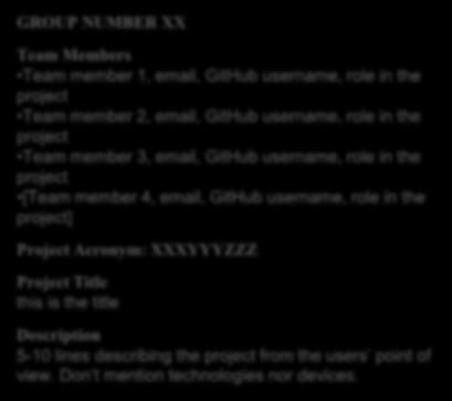 in the project [Team member 4, email, GitHub username, role in the project] Project Acronym: XXXYYYZZZ Project Title this is the title Description 5-10 lines describing the project from the