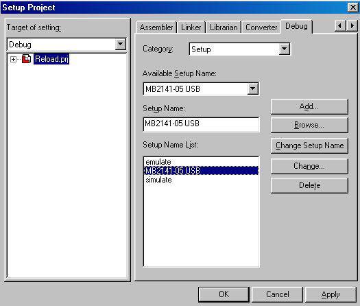 <Setup Project> menu and select the Debug tab in the upcoming dialog. Select for category Setup.
