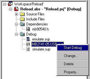 The debugger is started via double-click on the item in the browser window or via the <Debug>, <Start debug> menu.