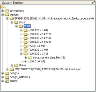 6 Analyzing and Debugging Designs with System Console Figure 115. System Explorer Pane The figure shows the EP4SGX230 folder under the Device folder, which contains a (link) folder.